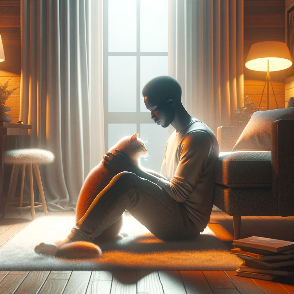 A realistic image depicting a serene moment of emotional support, featuring a Nigerian person sitting in a cozy room, gently holding or being close to